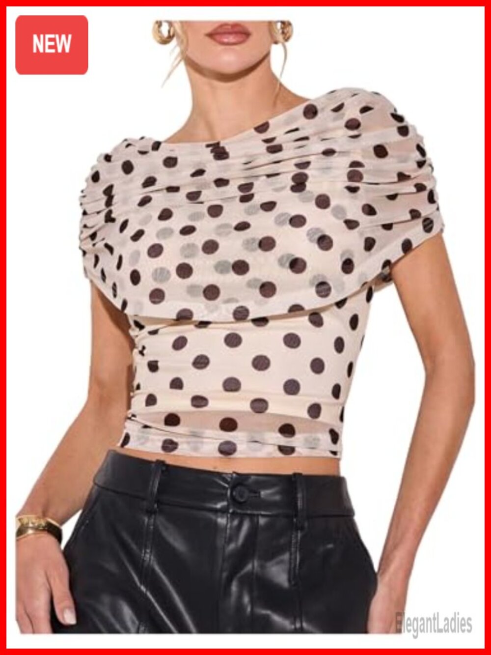 Polka Dots Ruched Mesh Draped Blouse Asymmetrical Top